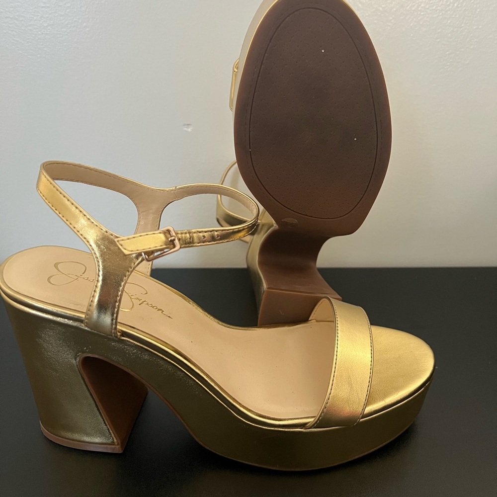 Jessica Simpson Metallic Gold Strappy Slingback Platform Heels Size 9.5